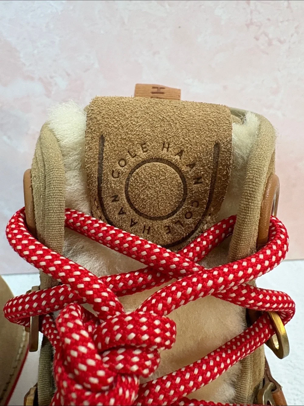 Cole Haan Tan Suede Shearling-Trim Winter Hiker Boots with Red Laces